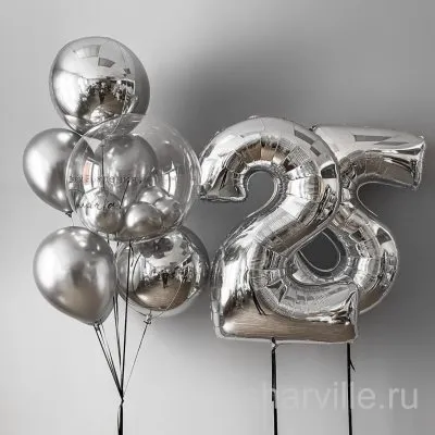 Набор на 25 лет в серебристых тонах: цифры, две 3D-сферы, хром и баблс