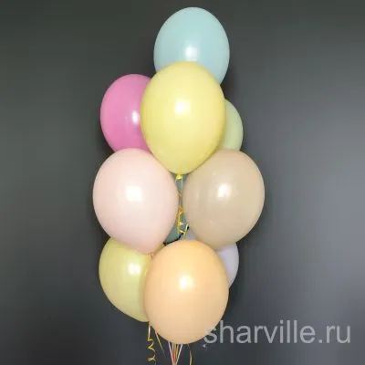 Связка из 10 шаров в пастельных тонах с гелием и грузиком