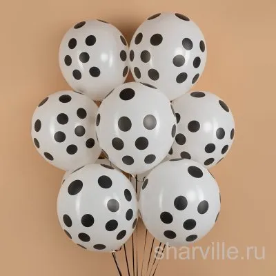 Белый латексный шар 30 см с чёрным горошком, наполнение гелием