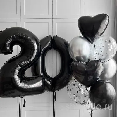 Композиция на 20 лет в чёрно-серебристой гамме: цифры и связка из 8 шаров