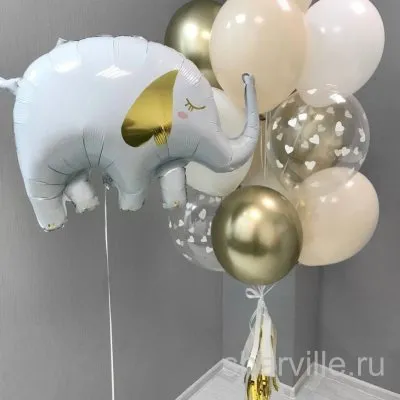 Фонтан со слонёнком из фольги 61 см, гирляндой тассел и ванильными шарами