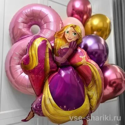 Композиция для именинницы с Рапунцель, цифрой и восемью шарами хром