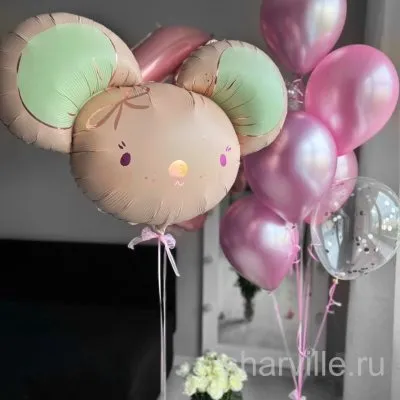 Фонтан из 9 шаров с розовой мышкой, цифрой 90 см, хромом и конфетти