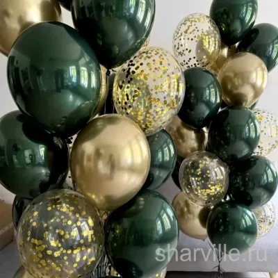 Изумрудно-золотое облако из 18 шаров с хромом и конфетти