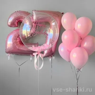 Композиция для девушки: 7 розовых шаров, две цифры и баблс