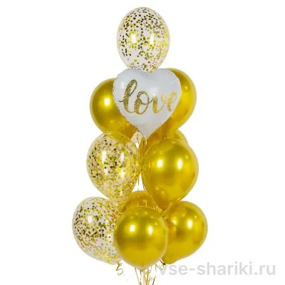 Фонтан из 13 шаров: золотой хром, конфетти и сердце «Love»