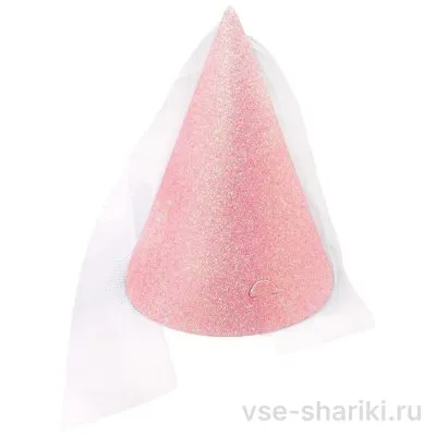 Колпаки феи с тюлевой фатой, розовые блестящие, 6 шт
