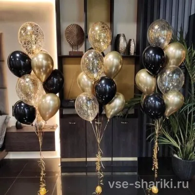 Фонтан из 10 шаров в чёрно-золотой гамме с конфетти