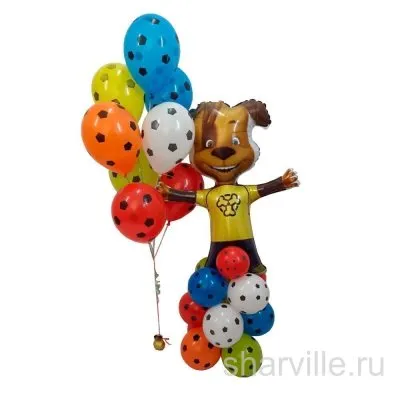 Композиция с Дружком из «Барбоскиных» 80 см на стойке и букетом из девяти шаров