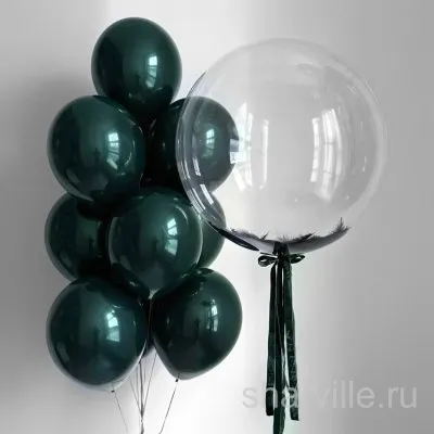 Композиция из баблса с тёмно-зелёными перьями и 10 шаров даблстафф