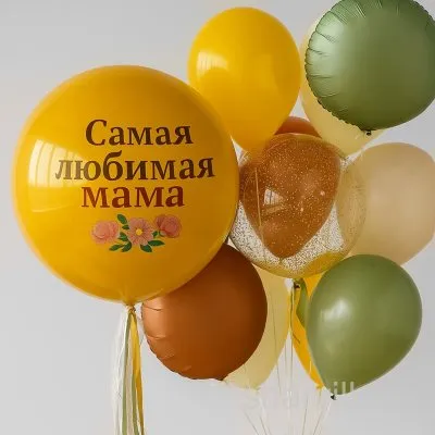 Набор для мамы в жёлтой гамме: шар 60 см с конфетти, 7 шаров, круги и баблс