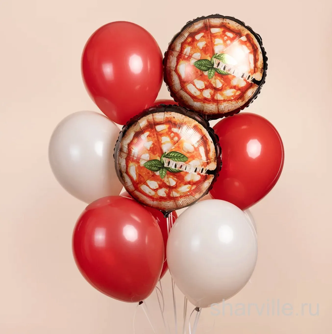 Фонтан из 9 шаров: семь разноцветных латексных и два фольгированных круга с пиццей