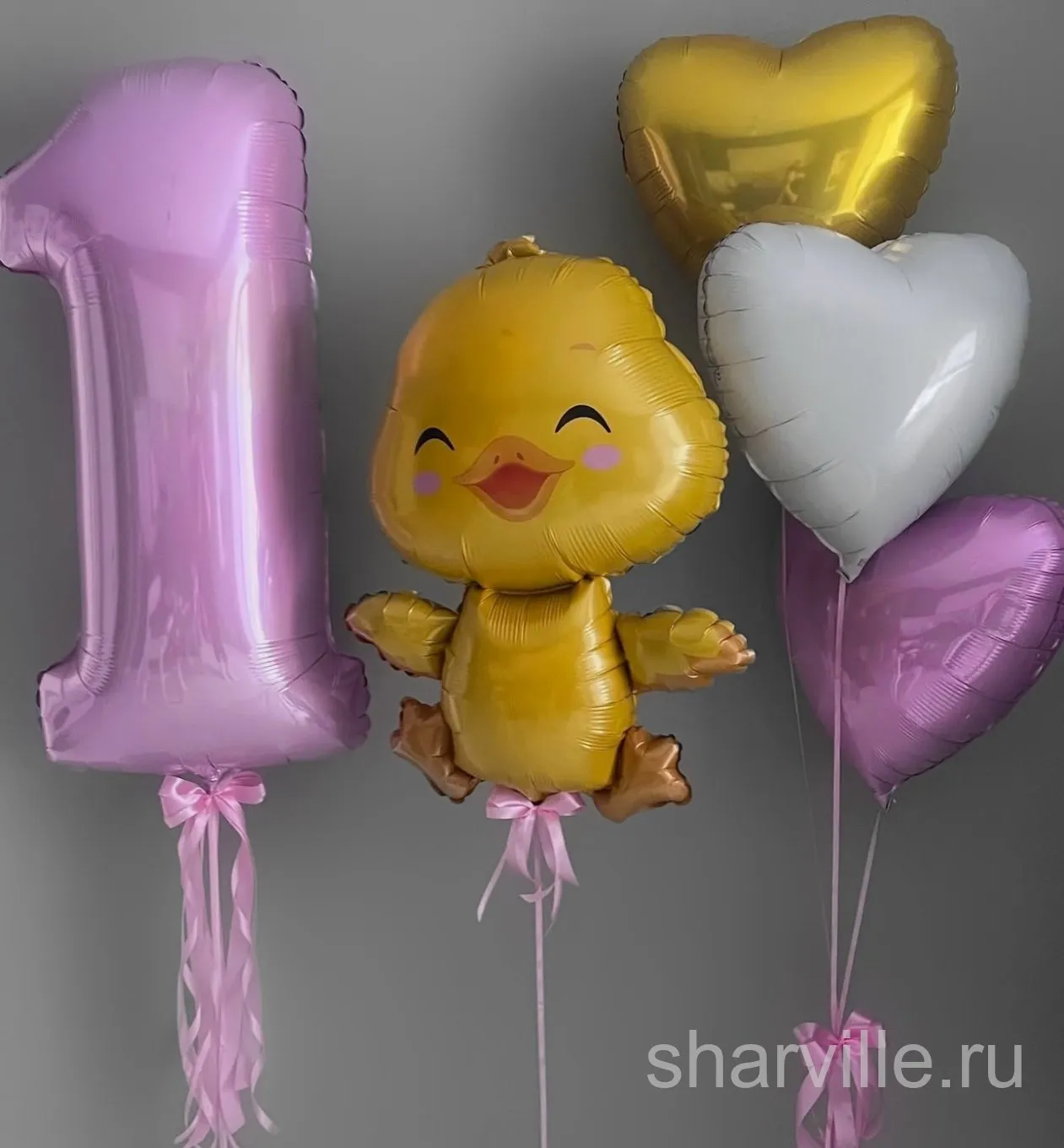 Композиция на первый годик девочки: утёнок 81 см, цифра 1 и три сердца