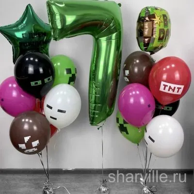 Набор для фаната Майнкрафта: два фонтана по 7 шаров, цифра и звезда с надписью