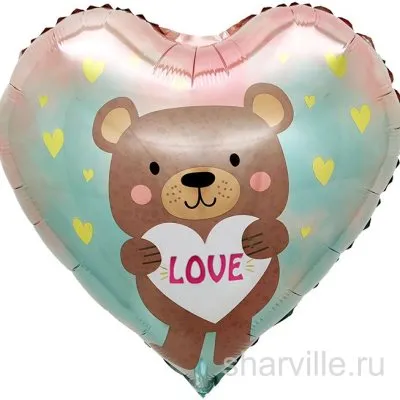 Сердце 45 см с мишкой и сердечком LOVE, градиент от розового к голубому
