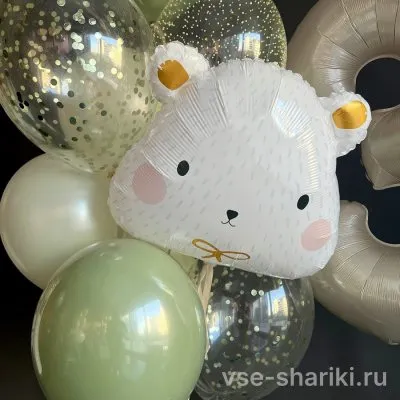 Фонтан из 9 шаров с белым мишкой и конфетти