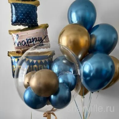 Композиция в синем и золотом: 7 шаров хром, фигура с подарками 102 см и баблс