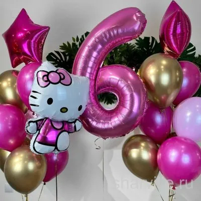 Композиция Hello Kitty с цифрой на выбор и фонтанами из розовых и золотых шаров