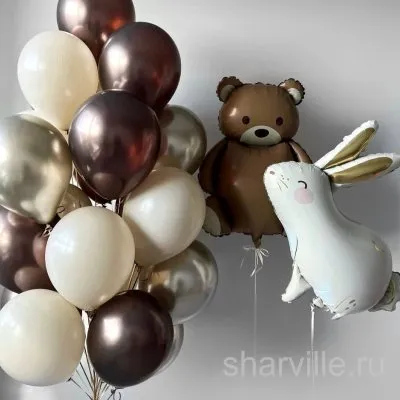 Композиция из медвежонка 80 см, зайки и 17 шаров в золотистых и молочных тонах