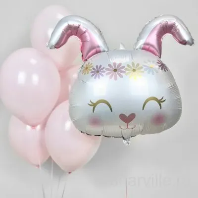 Фонтан из 5 розовых шаров и серебристый фольгированный зайка с цветами