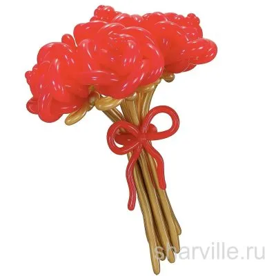 Букет из 7 ярко-красных цветов из шаров на золотых стеблях с бантом