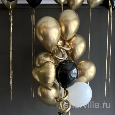 Фонтан из 11 шаров: золотой хром, чёрные и белые шары и золотое сердце 45 см