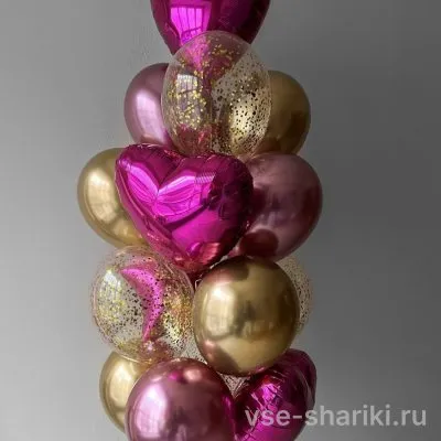 Фонтан из 16 шаров: розовый и золотой хром, сердца, звезда