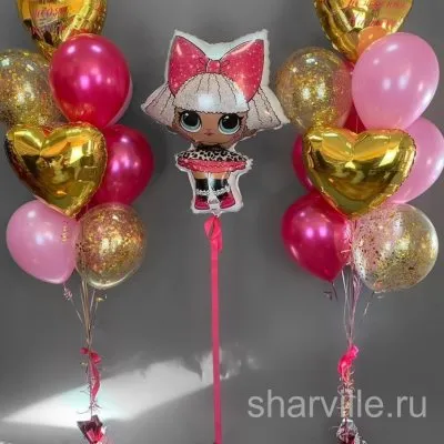 Композиция из 21 шара: кукла Дива LOL 86 см, золотые сердца и розовые шары