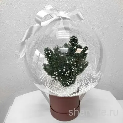 Новогодний бабл-бокс с настоящей еловой веточкой и белым круглым конфетти