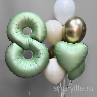 Фонтан с мятной цифрой 90 см, сердцем 45 см, пастельными и золотыми шарами