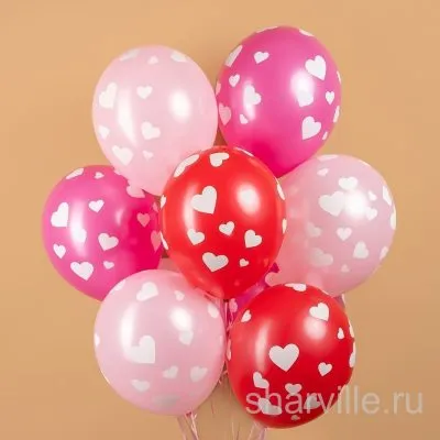 Латексный шар 35 см с белыми сердечками разных размеров, розовый, красный, фуксия