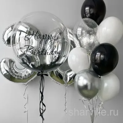 Набор: две серебристые цифры, шар Bubbles с перьями и фонтан из 10 шаров