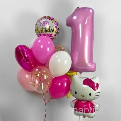 Розовый набор для девочки: Hello Kitty 66 см, цифра 90 см и фонтан из 11 шаров