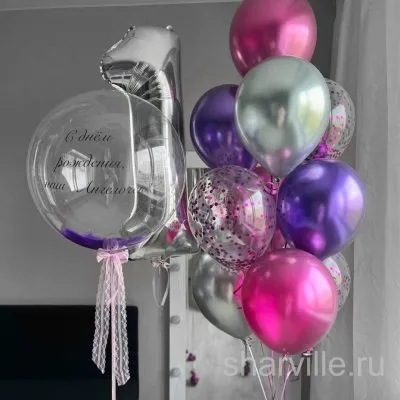 Композиция на первый день рождения девочки: баблс с перьями и надписью, цифра 1
