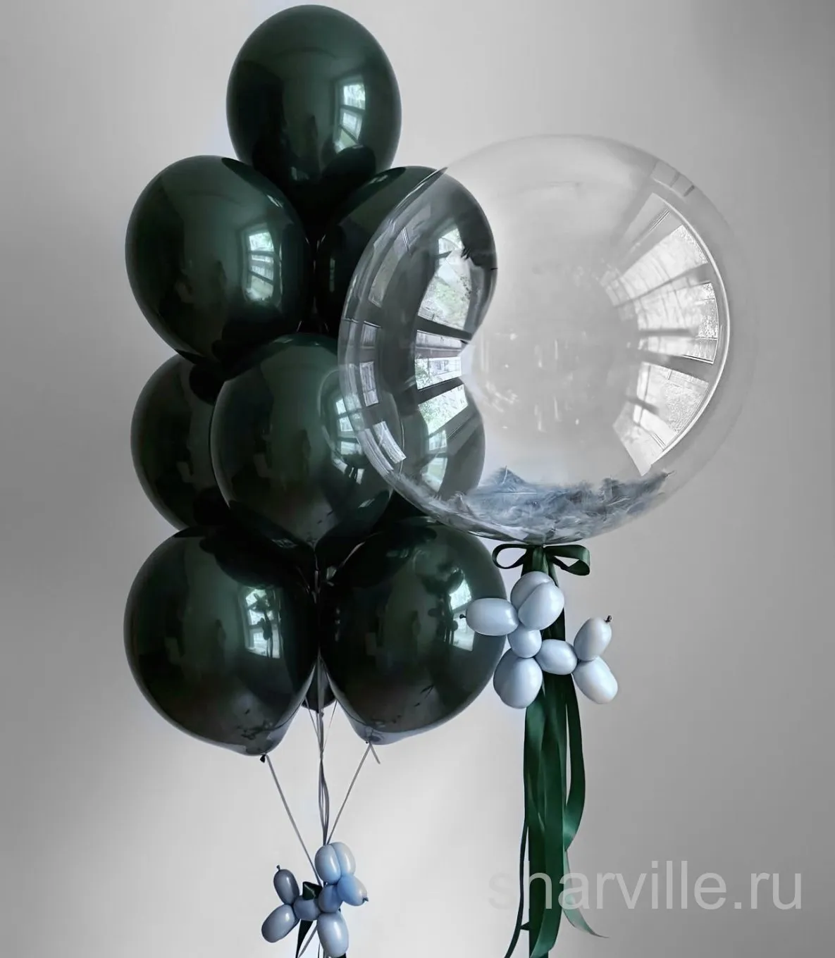 Набор: прозрачный Bubble 60 см с перьями и 10 изумрудных шаров даблстафф
