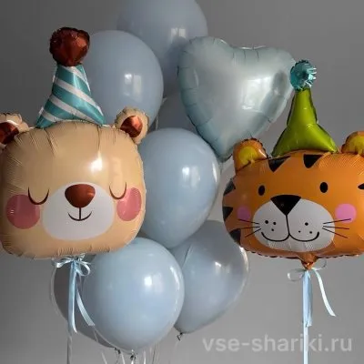 Фонтан из восьми голубых шаров с мишкой и тигрёнком