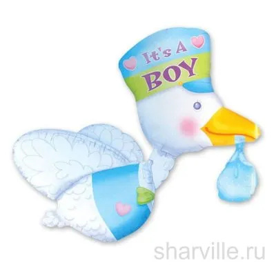 Фольгированная фигура аиста с голубым свёртком на рождение сына, 81 см