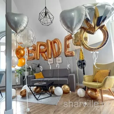 Набор для девичника: надпись «BRIDE», кольцо-бриллиант и шар Bubble с перьями
