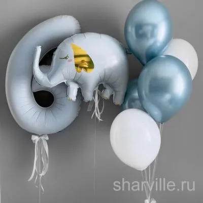 Композиция на 6 лет: фольгированный слонёнок, цифра 6 и бело-голубые шары